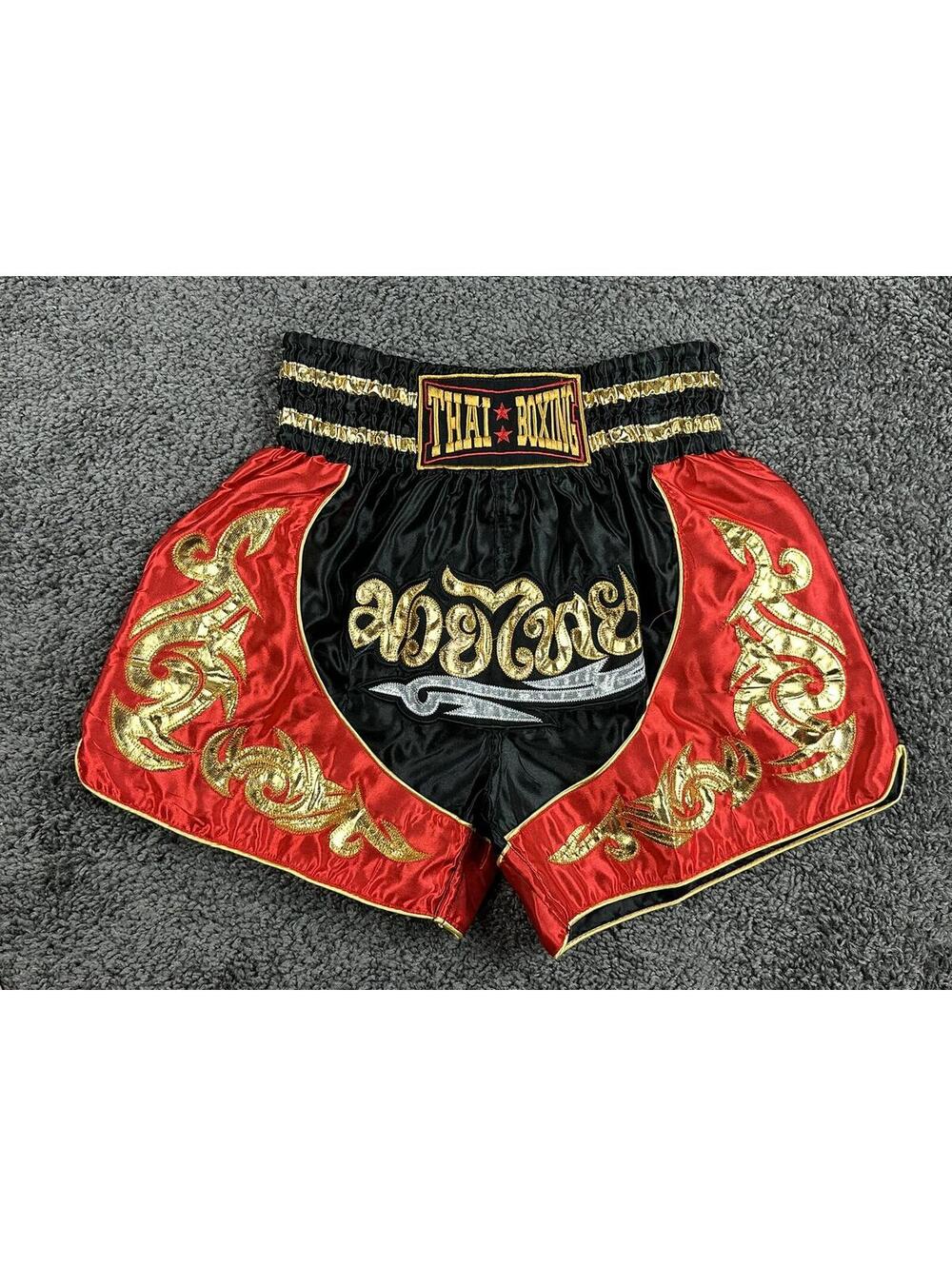 Muay Thai Shorts Thai Boxing Kickboxing Satin Red Black Gold MMA Fight Sz Medium